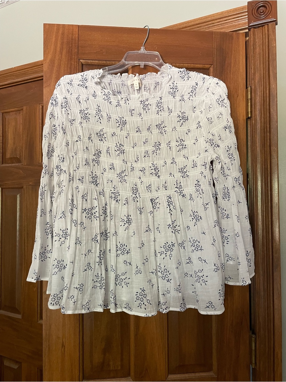 Adiva White Peplum Smocked Blouse with Navy Floral Print